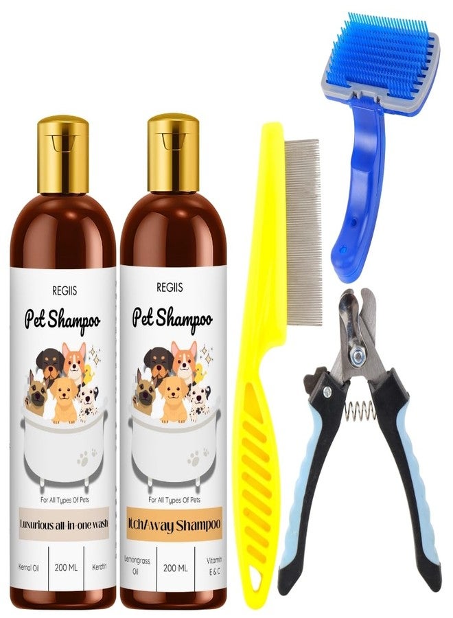 مجموعة العناية بالحيوانات الأليفة من ريجيس، مجموعة شامبو للكلاب مع فرشاة تنظيف ذاتي، مقص أظافر، مشط، زجاجتان سعة 200 مل من شامبو الغسيل الشامل والمضاد للحكة للكلاب والقطط (عبوة من 5 قطع) - Image 1